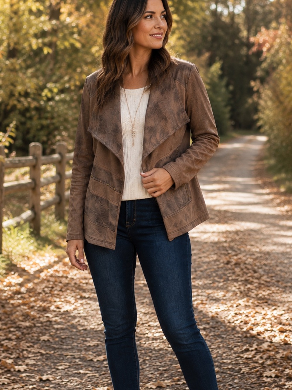 Allison Daley Faux Suede Waterfall Jacket Brown Taupe Open Front Studded 12